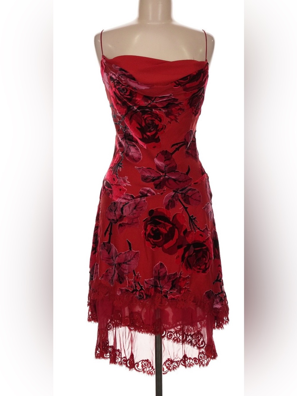 Vintage 90s y2k Betsey Johnson red velvet burnout rose lace dress - Picture 2 of 8